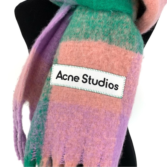 ACNE STUDIOS Wool Blend Checked Scarf Pink Purple Green - Picture 3 of 6